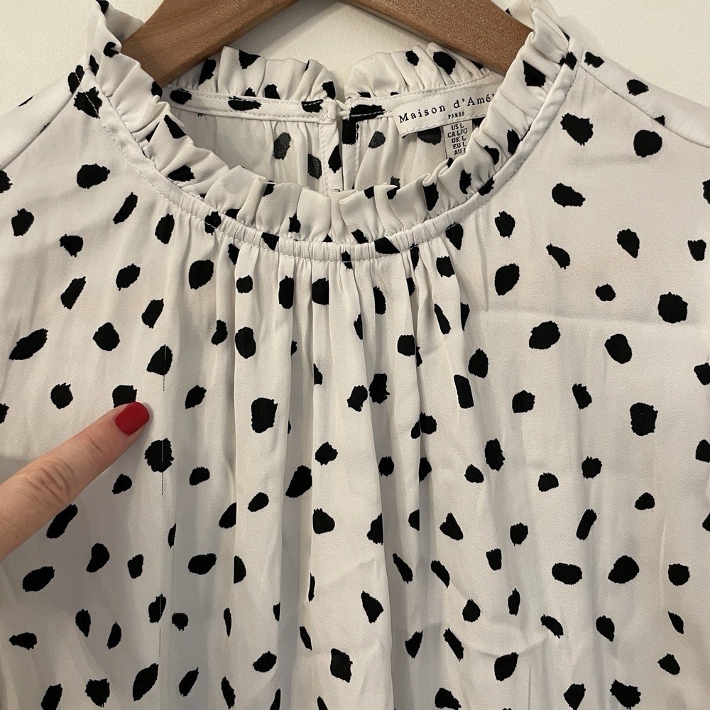 Maison d'Amélie Paris Dalmatian Dot Blouse Large Ruffle Mock Neck Smocked Cuff L - Picture 7 of 16
